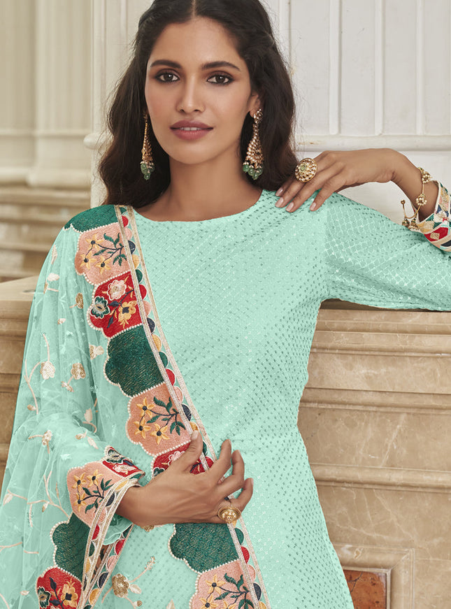 Luxurious Ice Blue Georgette Embroidered Churidar Kameez