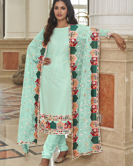 Luxurious Ice Blue Georgette Embroidered Churidar Kameez