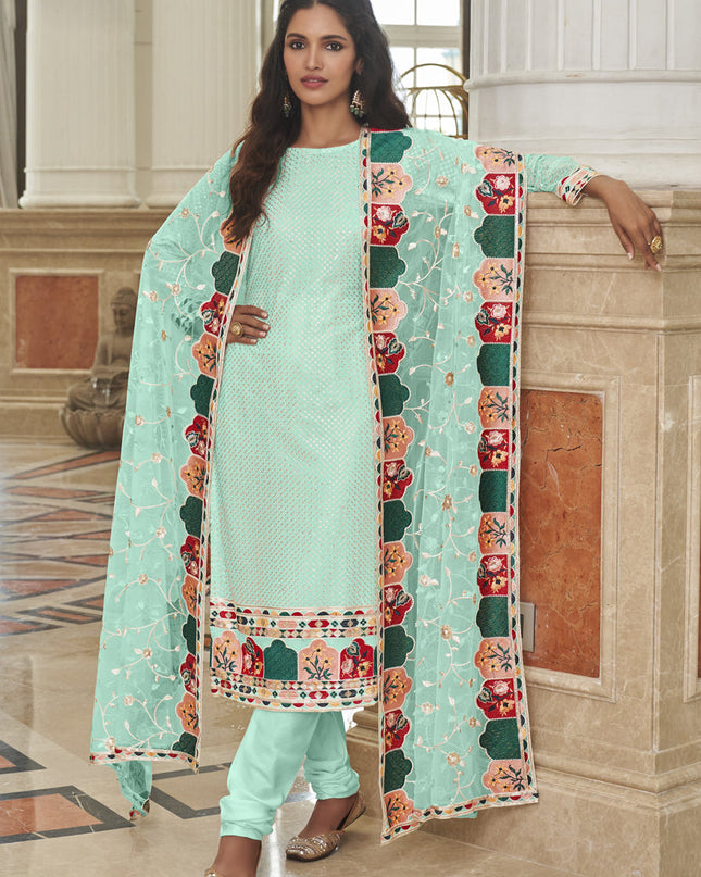 Luxurious Ice Blue Georgette Embroidered Churidar Kameez
