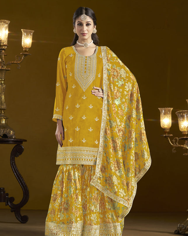 golden yellow chinnon embroidery sarara kameez suit