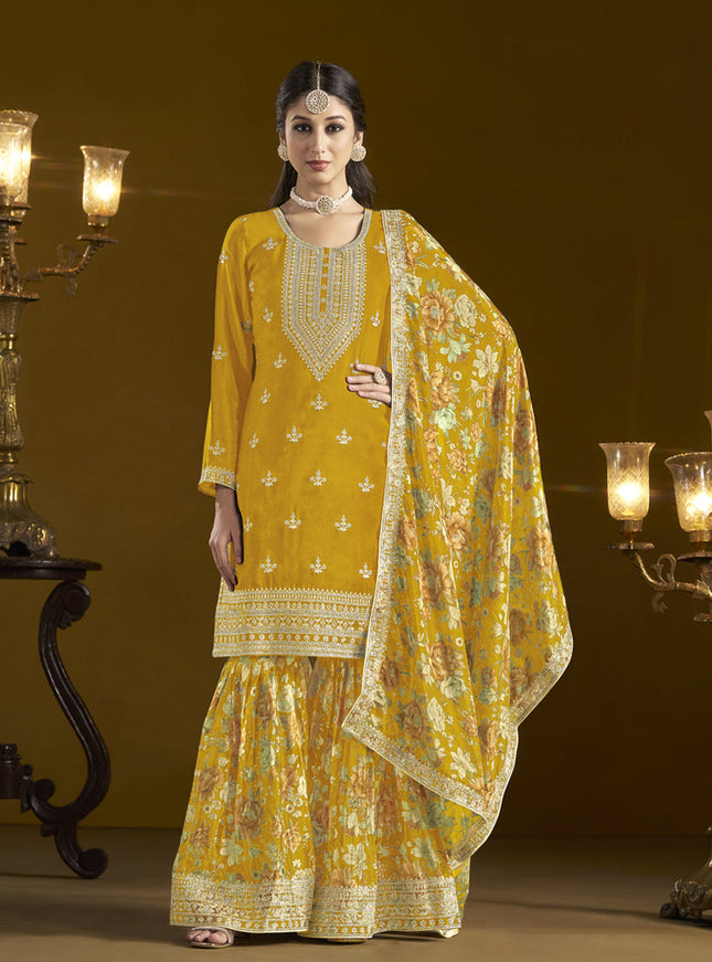 golden yellow chinnon embroidery sarara kameez suit