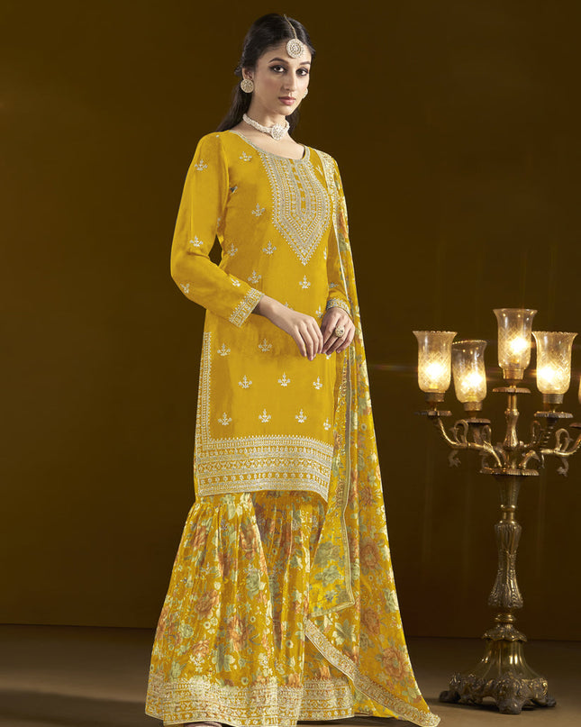 golden yellow chinnon embroidery sarara kameez suit