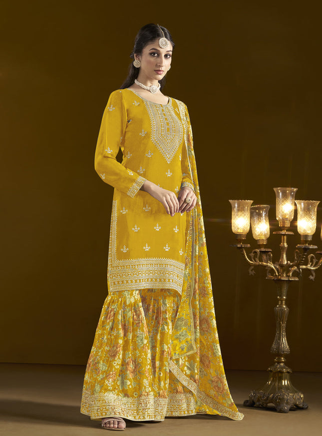 golden yellow chinnon embroidery sarara kameez suit
