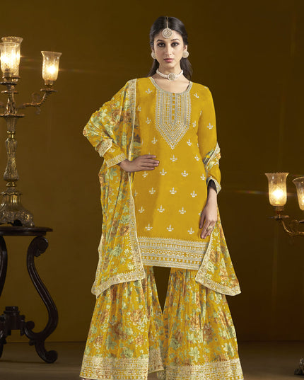 golden yellow chinnon embroidery sarara kameez suit