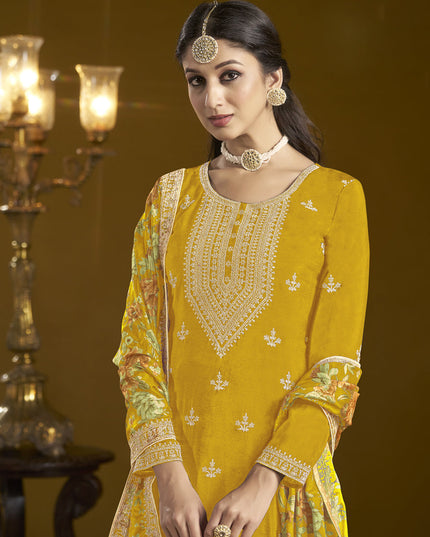 golden yellow chinnon embroidery sarara kameez suit