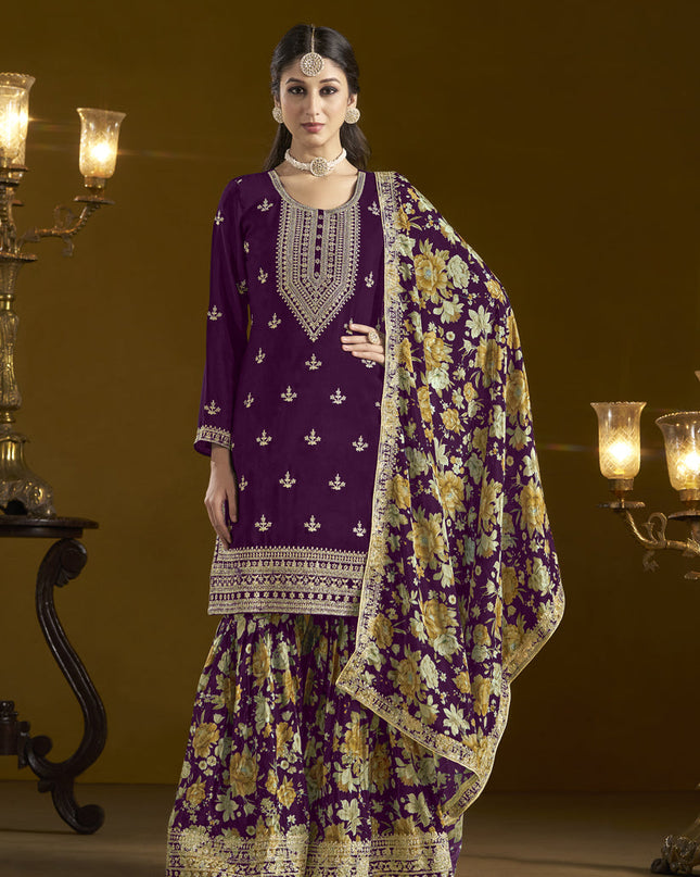 violet chinnon embroidery sarara kameez suit