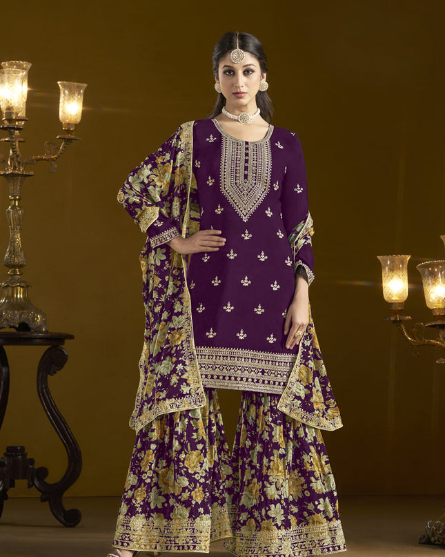 violet chinnon embroidery sarara kameez suit