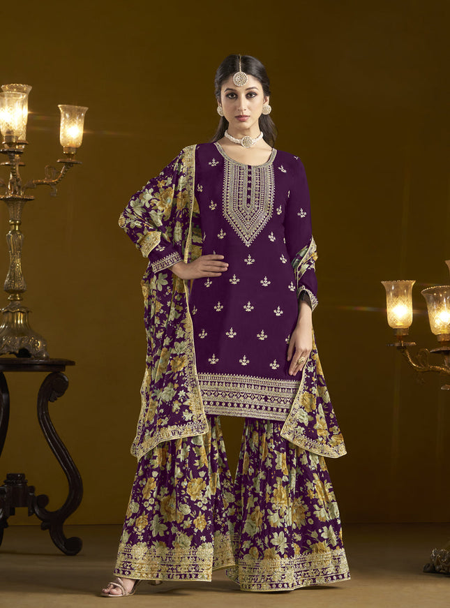 violet chinnon embroidery sarara kameez suit