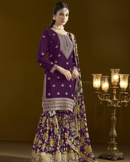 violet chinnon embroidery sarara kameez suit