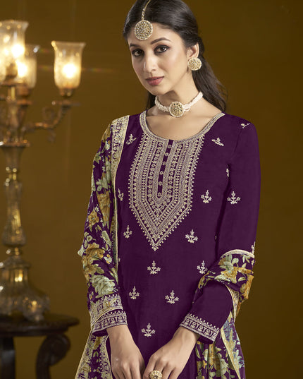 violet chinnon embroidery sarara kameez suit