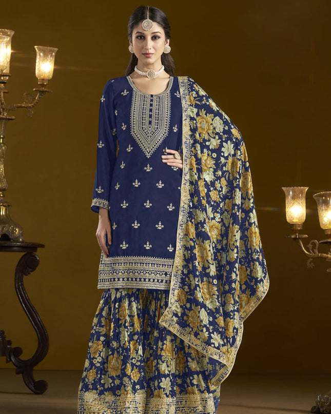 navy blue chinnon embroidery sarara kameez suit