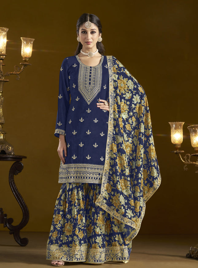 navy blue chinnon embroidery sarara kameez suit