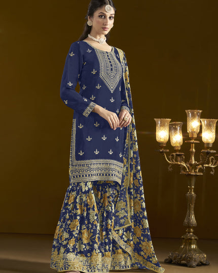 navy blue chinnon embroidery sarara kameez suit