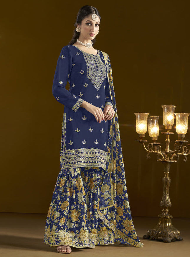 navy blue chinnon embroidery sarara kameez suit