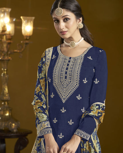 navy blue chinnon embroidery sarara kameez suit
