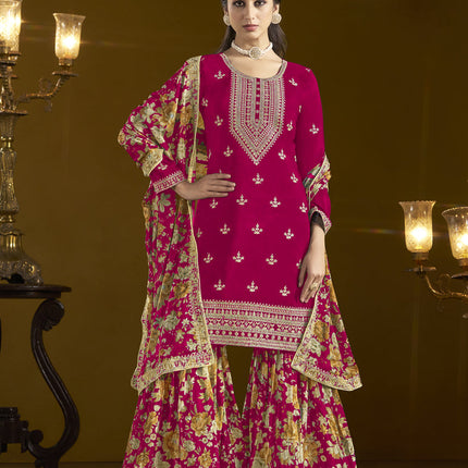 pink chinnon embroidery sarara kameez suit