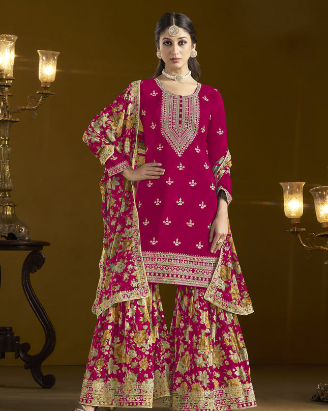 pink chinnon embroidery sarara kameez suit