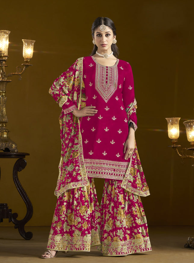 pink chinnon embroidery sarara kameez suit