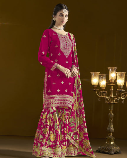 pink chinnon embroidery sarara kameez suit