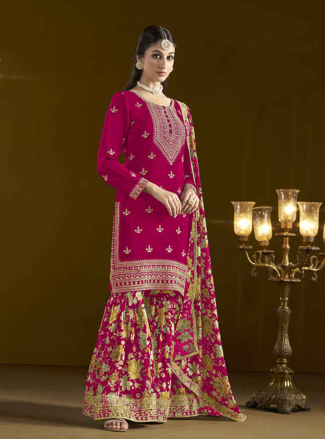 pink chinnon embroidery sarara kameez suit