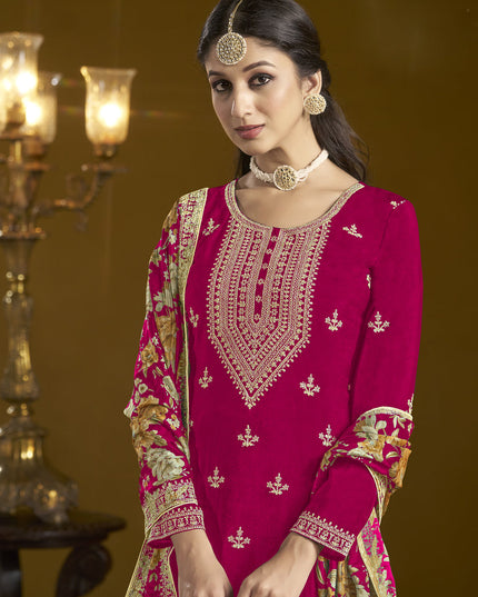 pink chinnon embroidery sarara kameez suit