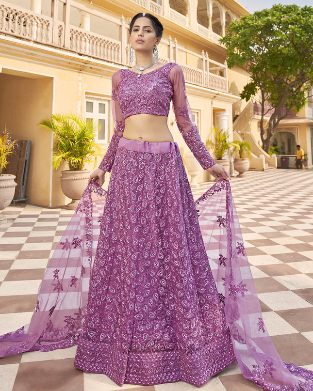 Wonderful Mauve Net Embroidered Designer Lehenga Choli