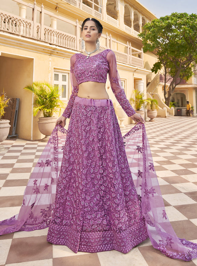 Wonderful Mauve Net Embroidered Designer Lehenga Choli