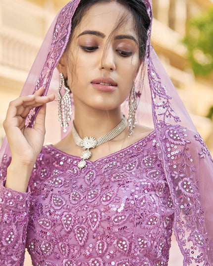 Wonderful Mauve Net Embroidered Designer Lehenga Choli