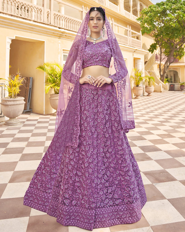 Wonderful Mauve Net Embroidered Designer Lehenga Choli