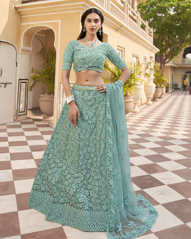 Glamorous Sea Green Net Embroidered Designer Lehenga Choli