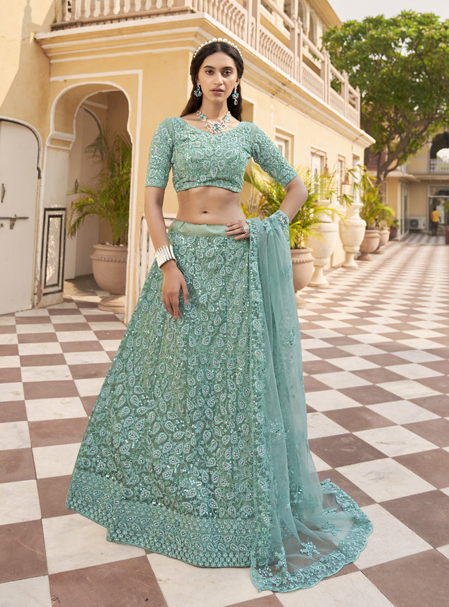 Glamorous Sea Green Net Embroidered Designer Lehenga Choli