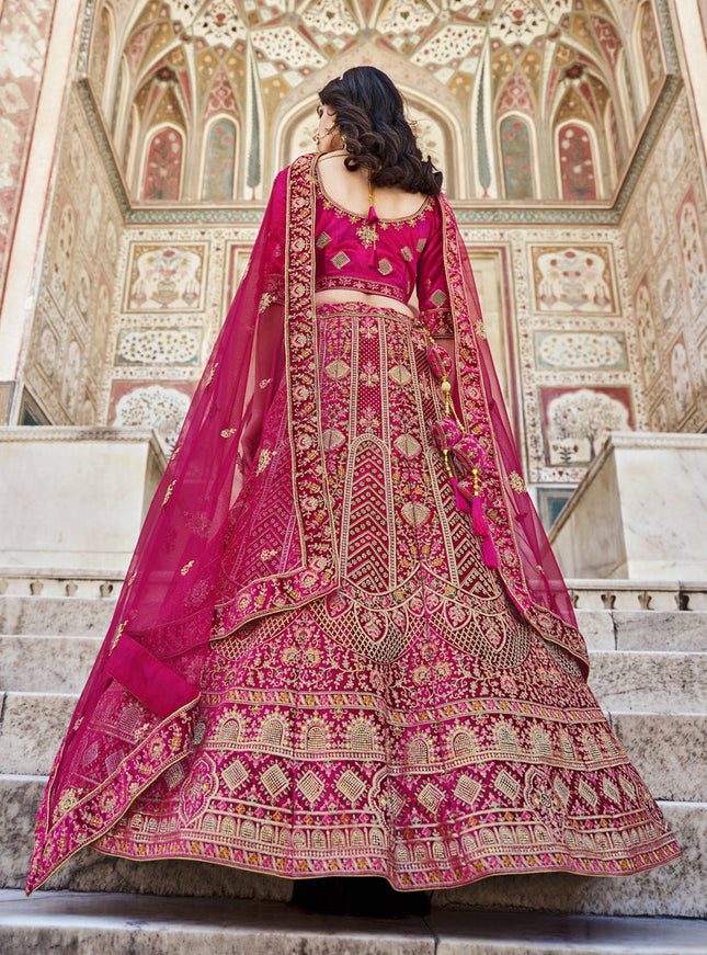 Rani Pink Heavy Velvet Embroidered Bridal Lehenga Choli