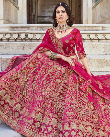Rani Pink Heavy Velvet Embroidered Bridal Lehenga Choli