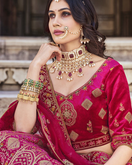 Rani Pink Heavy Velvet Embroidered Bridal Lehenga Choli