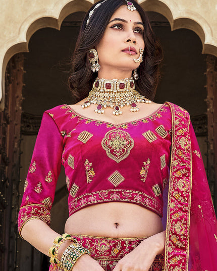 Rani Pink Heavy Velvet Embroidered Bridal Lehenga Choli