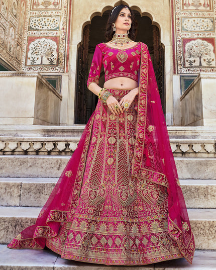 Rani Pink Heavy Velvet Embroidered Bridal Lehenga Choli