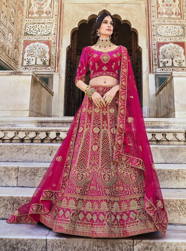 Rani Pink Heavy Velvet Embroidered Bridal Lehenga Choli