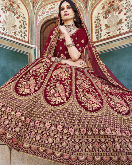 Maroon Heavy Velvet Embroidered Bridal Lehenga Choli