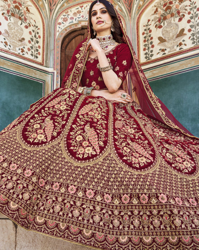 Maroon Heavy Velvet Embroidered Bridal Lehenga Choli