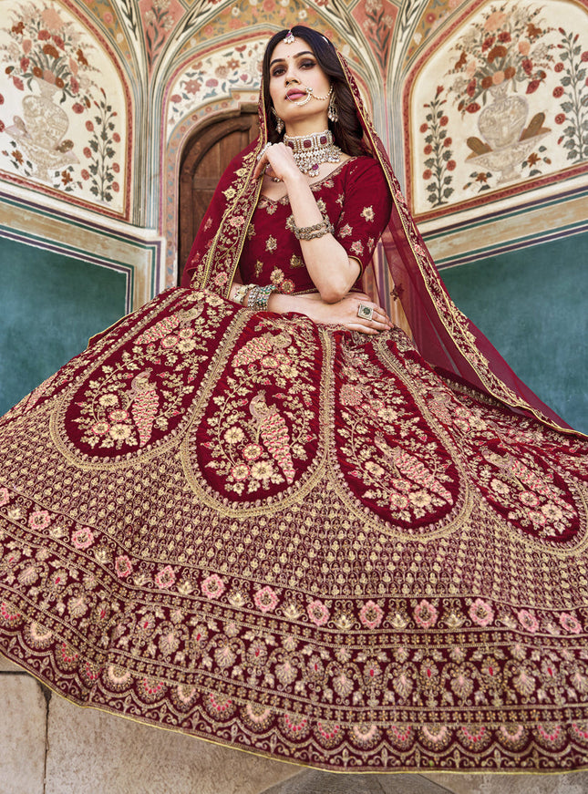 Maroon Heavy Velvet Embroidered Bridal Lehenga Choli