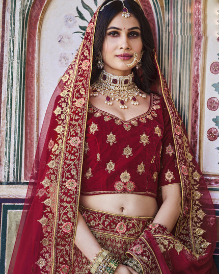 Maroon Heavy Velvet Embroidered Bridal Lehenga Choli