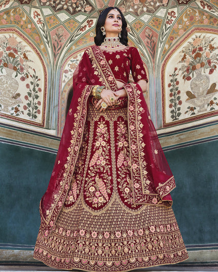 Maroon Heavy Velvet Embroidered Bridal Lehenga Choli