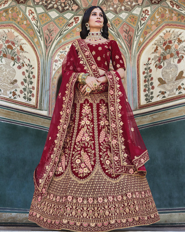 Maroon Heavy Velvet Embroidered Bridal Lehenga Choli