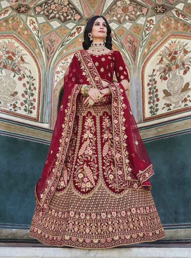 Maroon Heavy Velvet Embroidered Bridal Lehenga Choli