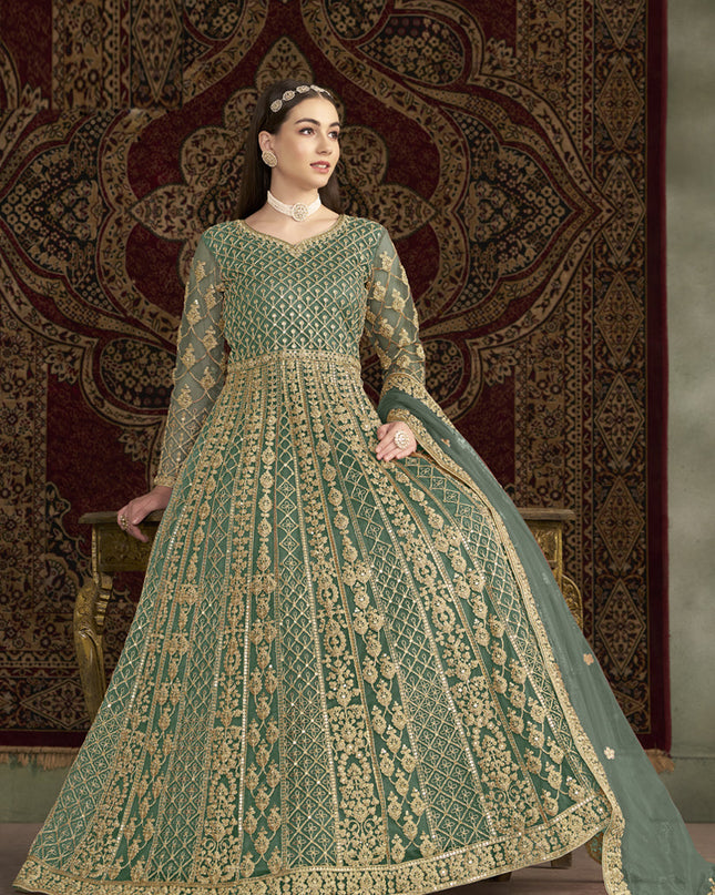 light green sequins embroidered net anarkali suit