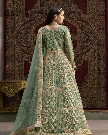 light green sequins embroidered net anarkali suit