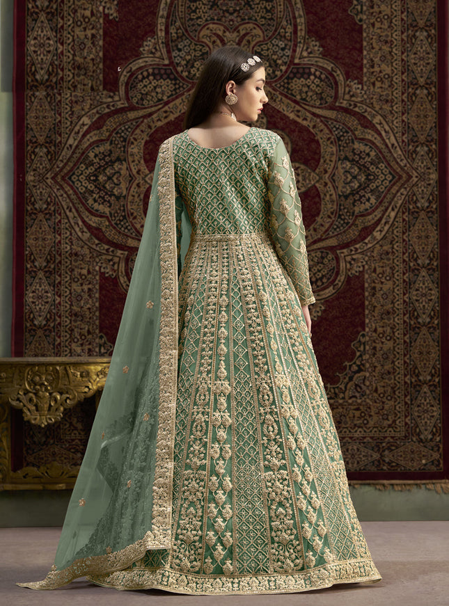 light green sequins embroidered net anarkali suit