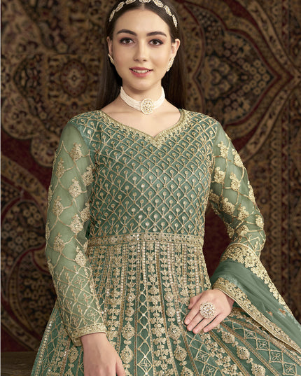 light green sequins embroidered net anarkali suit
