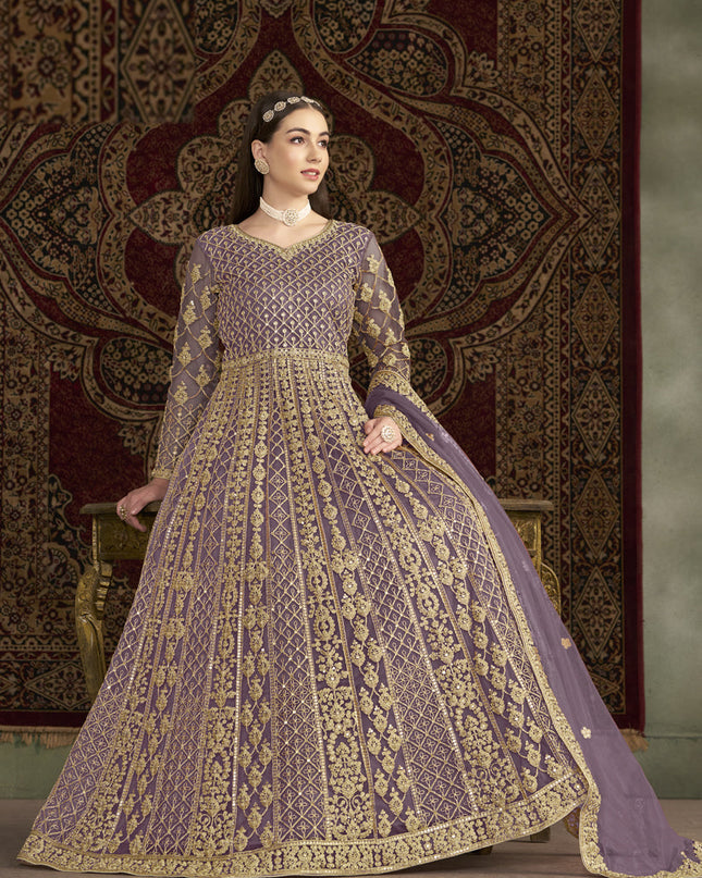 mauve sequins embroidered net anarkali suit