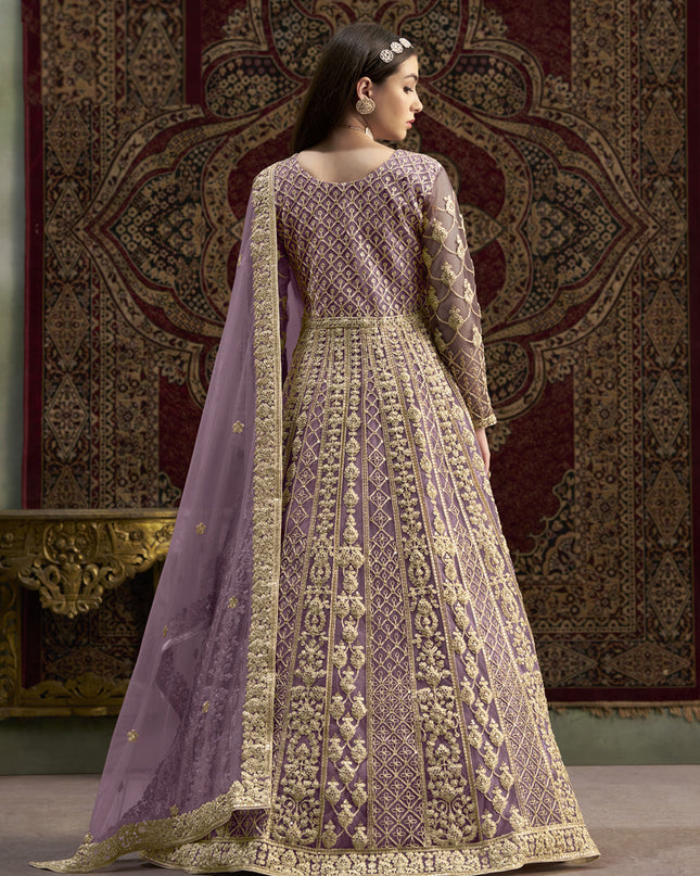 mauve sequins embroidered net anarkali suit